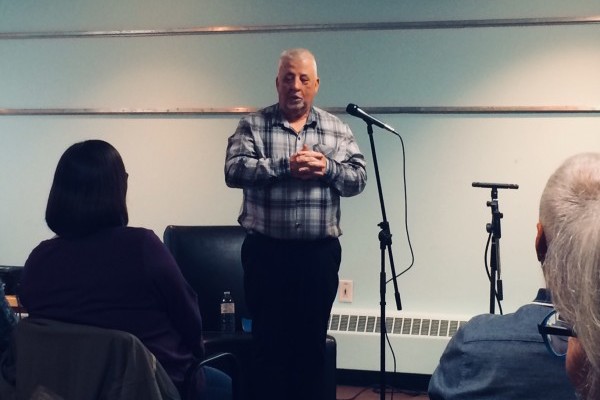 Gabriel LeBlanc opening this year's Isle of Story Festival at the Cape Breton Regional Library in Sydney on Tuesday. The Festival continues until Saturday. - photo: Shauna Walters